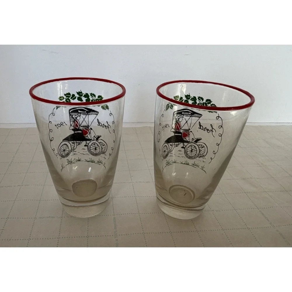 Vintage‎ Libbey Ford Model T Glasses Set 2 Tumblers Automobile Barware